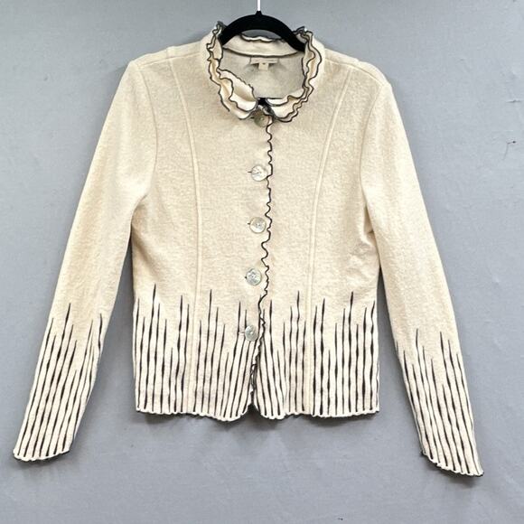 Venario Wool Sweater Cardigan M Cream Ruffled Artsy Career Edwardian Cottage Y2K - Picture 1 of 16
